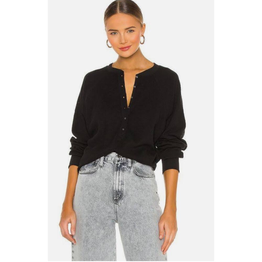 Marissa Webb Black So Uptight French Terry Plunge Henley‎ Sweatshirt Size Large